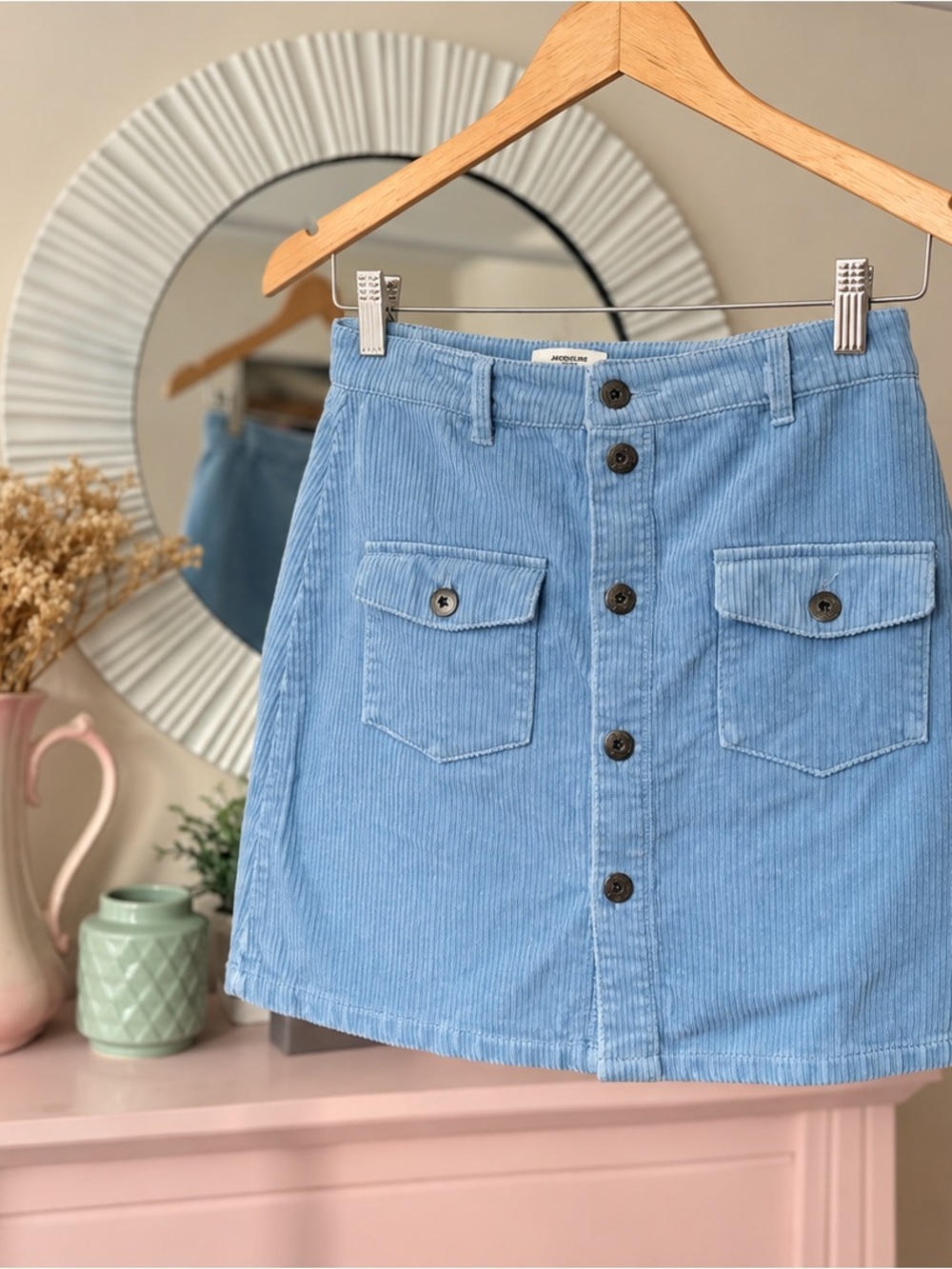 Sky Blue Corduroy Button-Front Mini Skirt